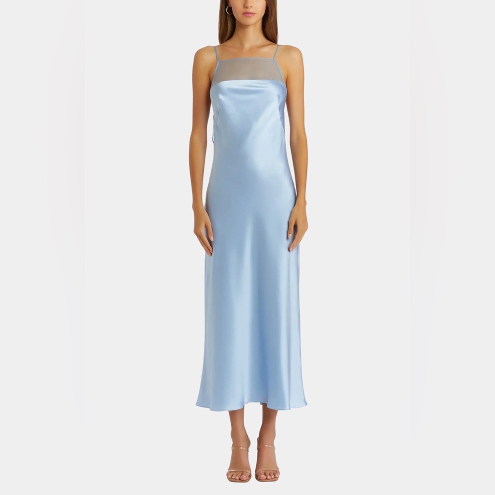 Amanda Uprichard Light Blue Satin Slip Dress with Sheer Neutral Yoke